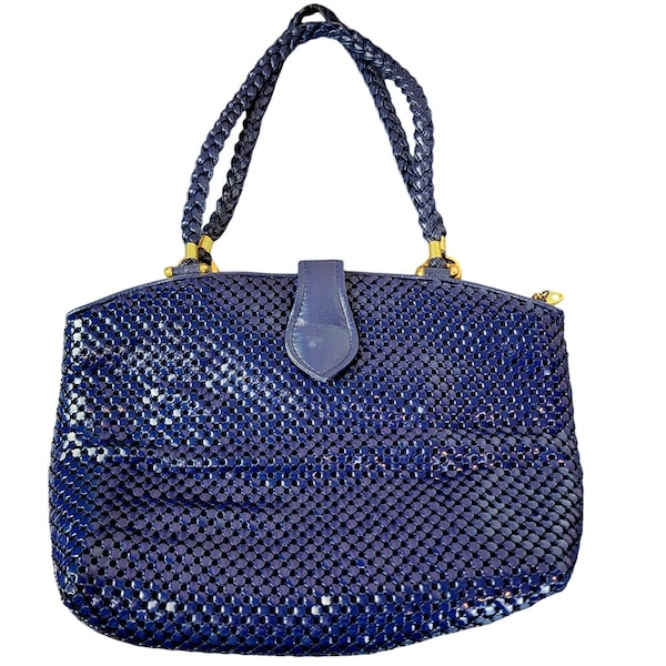 Vintage 70s Mesh Metal Shoulder Bag Braided Strap Purse Handbag Women Navy Blue Gold Party art Deco Disco Glam Formal Unique Retro Mcm Fun