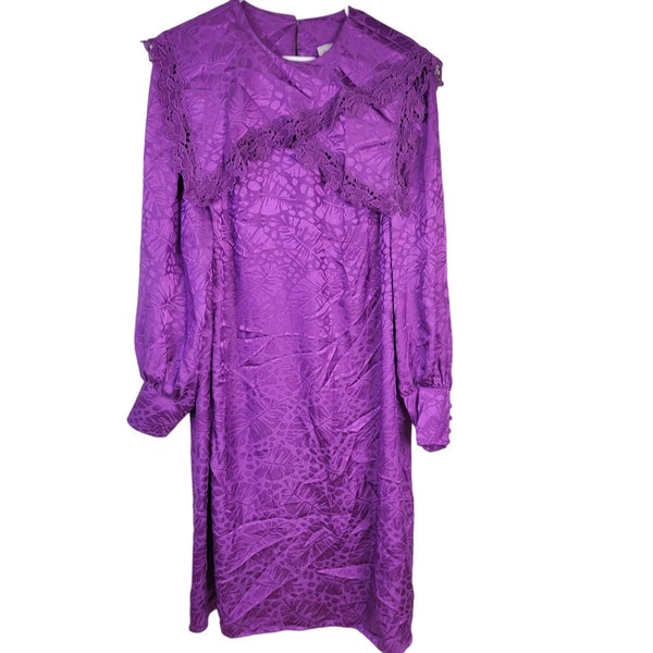Vintage 80s Satin Lace Ruffle Midi Dress Women Plus Size 22 Purple Formal Embossed Party Fun Work Office Retro Long Sleeve Fall Winter Soft