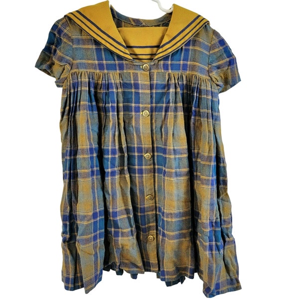 Vintage 60s Plaid Dress Child Girl 5 6 XS A-line Flannel Button Up Formal Party Blue Gold Yellow Mini Autumn Thanksgiving Holiday Fall Love