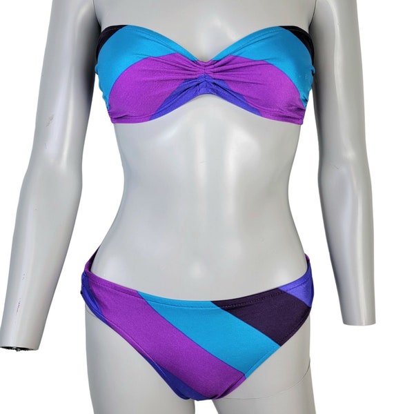 Jantzen Vintage 80s Bikini Women 12 Medium Colorful Retro Stripe Swim Set Swimsuit Top Bottom Beach M Purple Blue Vacation Spring Summer Fun