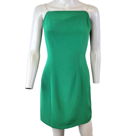 Della Roufogali Niteline Vintage 90s Mini Dress Women 6 Green Crystal Rhinestone Strap Small Formal Cocktail Party Dance Glam Spring Summer