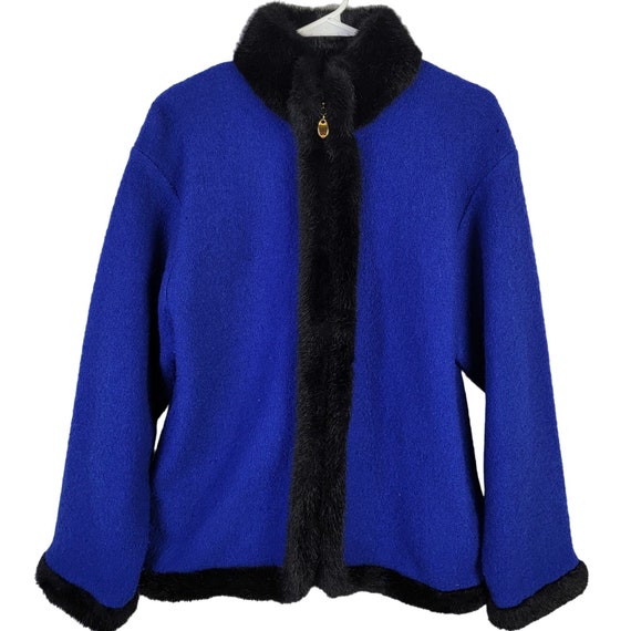 Vintage 80s Wool Jacket Women Large Blue Black Fa… - image 7