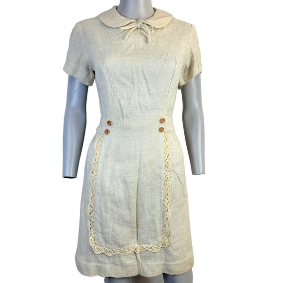 Vintage 60s Linen Mini Sheath Dress Collar Short … - image 1