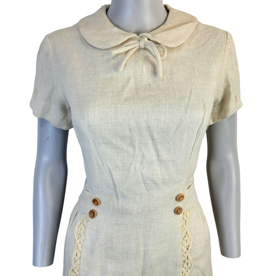 Vintage 60s Linen Mini Sheath Dress Collar Short … - image 5