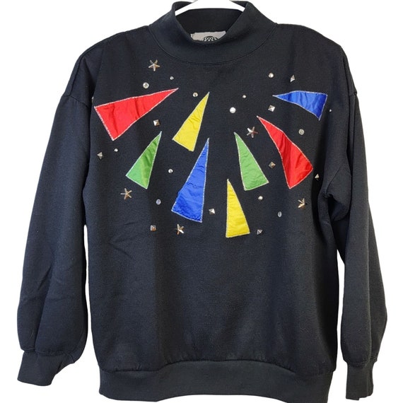 Vintage 80s Colorful Embellished Applique Sweatshirt Top Shirt Sweater  Rhinestone Studs Teacher Party Fun Women Large 14 Black Silver Fall L - Etsy