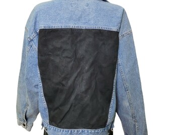 Vintage 90s Denim Jacket Women Medium Wash 8 Dakota Blue Jean 10 Black Back Color Block Coat Fall Winter Spring Western Cowgirl Work Casual