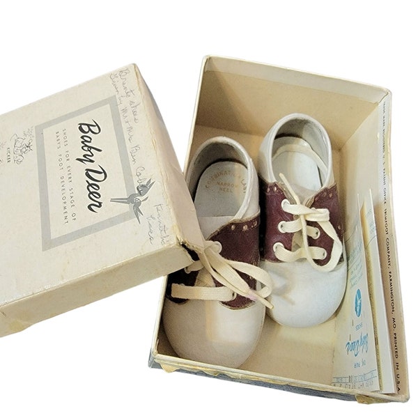 Vintage 50s Baby Shoes Trimfoot Baby Deer Oxford Brown White Box Size 2 Infant Retro Child Kid Clothing Store Display Preppy Boots Formal