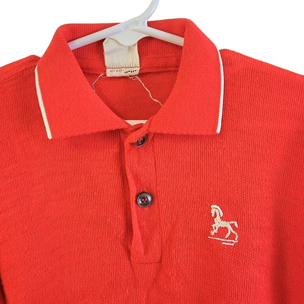 Penneys Vintage 60s Embroidered Horse Polo Shirt Top Long Sleeve Kid Child 4 Boy Girl Red White Photo Shoot Christmas Holiday Spring 1960s