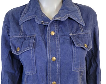 JCP Vintage 70s Snap Button Chambray Dark Wash Denim Shirt Pointed Collar Soft Top Jacket Casual Retro Women Medium 8 10 Spring Fall Winter