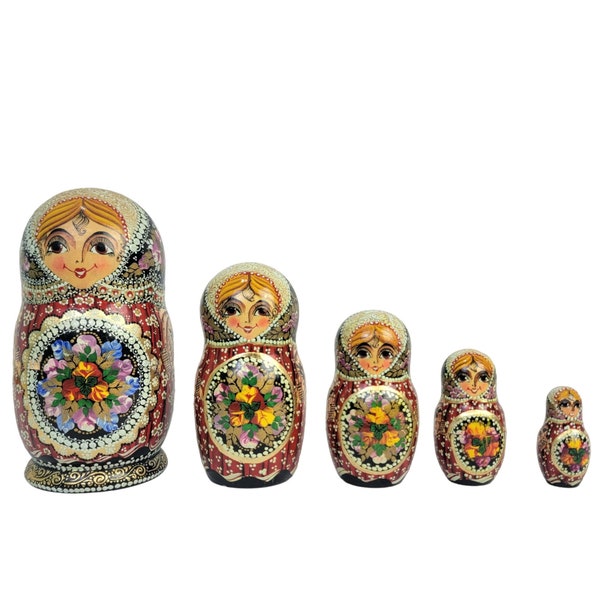 Vintage Nesting Dolls Metallic Gold Painted Home Decor Elaborate Floral Wood Set of Five 5 Colorful Organization Storage Decorative Accents