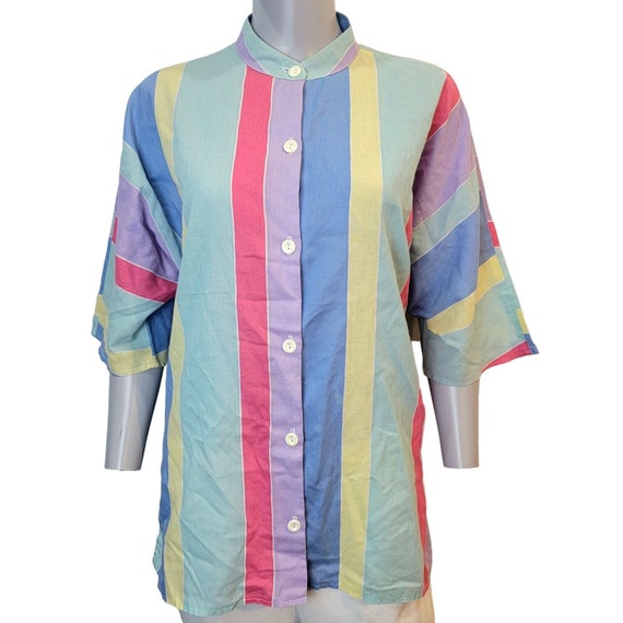 Vintage 70s Tunic Shirt Women 10 Large Pastel Str… - image 1