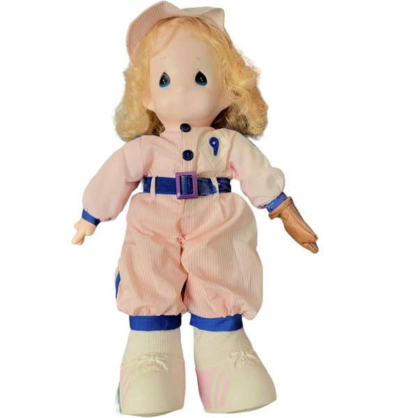 Precious Moments Vintage 90s Tracey Pink Blue Baseball Player Glove Girl Doll 15" 1994 Toy Child Childhood Favorites Nostalgia Play Fun