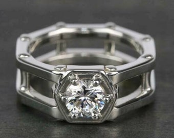 Hexagon Men's Ring, 14k White Gold, 2.1 Ct Colorless Moissanite, Screw Design Wedding Ring, Gift For Husband, Timeless Wedding Promise Ring