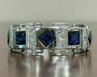 Multi Stone Engagement Ring, 2.1 CT Princess Cut Blue Sapphire Ring, 14K White Gold Ring, Royal Diamond Men's Wedding Ring, Anniversary Gift