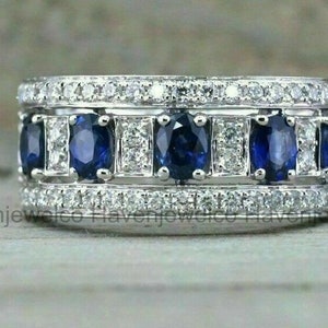 Half Eternity Diamond Band, 1.8 Ct Oval Sapphire, 14K White Gold Plated, Engagement Band, Glamorous Wedding Band, Women's Trendy Band immagine 3