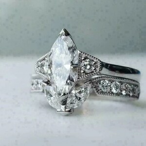 Diamond Bridal Ring Set, 14K White Gold, 3.2 Ct Marquise Diamond, Matching Band/Stack Engagement Ring, Anniversary Gift For Her, Bridal Set