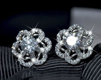 Stud Earring For Women's, Flower Screw-Back Earrings, Wedding Diamond Earring, 14K White Gold Plated, Anniversary Gift, Perfect Gift For Her