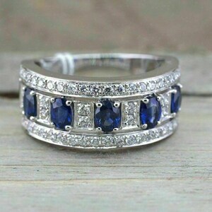 Half Eternity Diamond Band, 1.8 Ct Oval Sapphire, 14K White Gold Plated, Engagement Band, Glamorous Wedding Band, Women's Trendy Band immagine 1