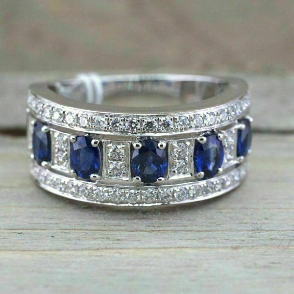 Half Eternity Diamond Band, 1.8 Ct Oval Sapphire, 14K White Gold Plated, Engagement Band, Glamorous Wedding Band, Women's Trendy Band