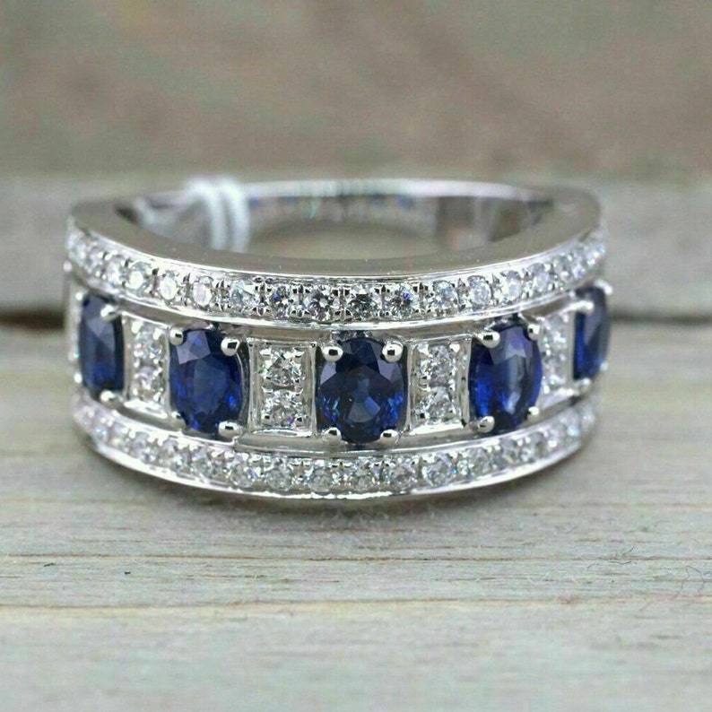 Half Eternity Diamond Band, 1.8 Ct Oval Sapphire, 14K White Gold Plated, Engagement Band, Glamorous Wedding Band, Women's Trendy Band zdjęcie 1