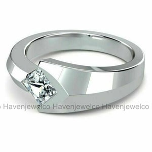 1.5Ct Princess Simulated Diamond Men's Band, 14K White Gold Over, Men's Solitaire Engagement Ring, Groomsmen Gifts, Anniversary Gift For Her