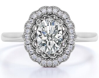 Alliance halo fantaisie pour femme, bague d'anniversaire classique, diamant taille ovale de 2,1 carats, or blanc 14 carats, bague cadeau personnalisée, bague en argent pour femme