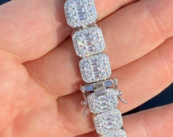 Gorgeous Men's Tennis Bracelet, 14K White Gold Plated, 3.00 CT Round & Baguette Diamond Bracelet, Birthday Gift,Wedding Gift, Gift For Him