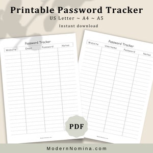 Simple Printable Personal Password Tracker, Password Organizer, Password Keeper, Email or Username Options, US Letter A4 A5 Instant Download