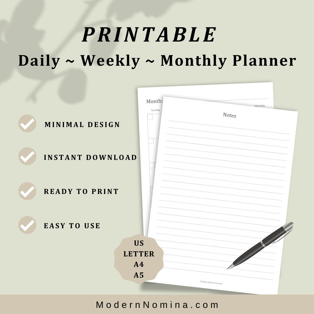 Daily Weekly Monthly Printable Planner Calendar Organize Productivity ...