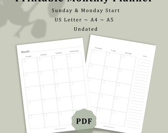 Undated Monthly 2-Page Portrait Calendar, Sunday & Monday Start, US Letter, A4, A5, Minimalist PDF Printable, Instant Download