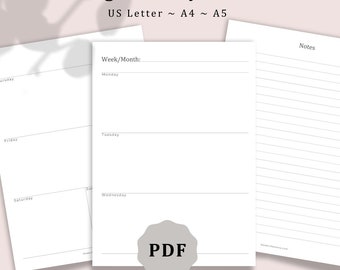 May include: A printable 2-page weekly planner in PDF format. The planner includes a section for notes and a weekly schedule with space for each day of the week. The planner is designed for US Letter, A4, and A5 paper sizes.