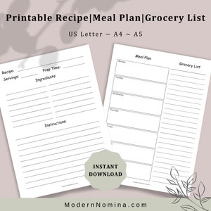 Recipe, Meal Printable Planner, Grocery List: Recipe Pages, Meal Planner, Shopping List Simplify Cooking & Grocery Shopping  US Letter A4 A5