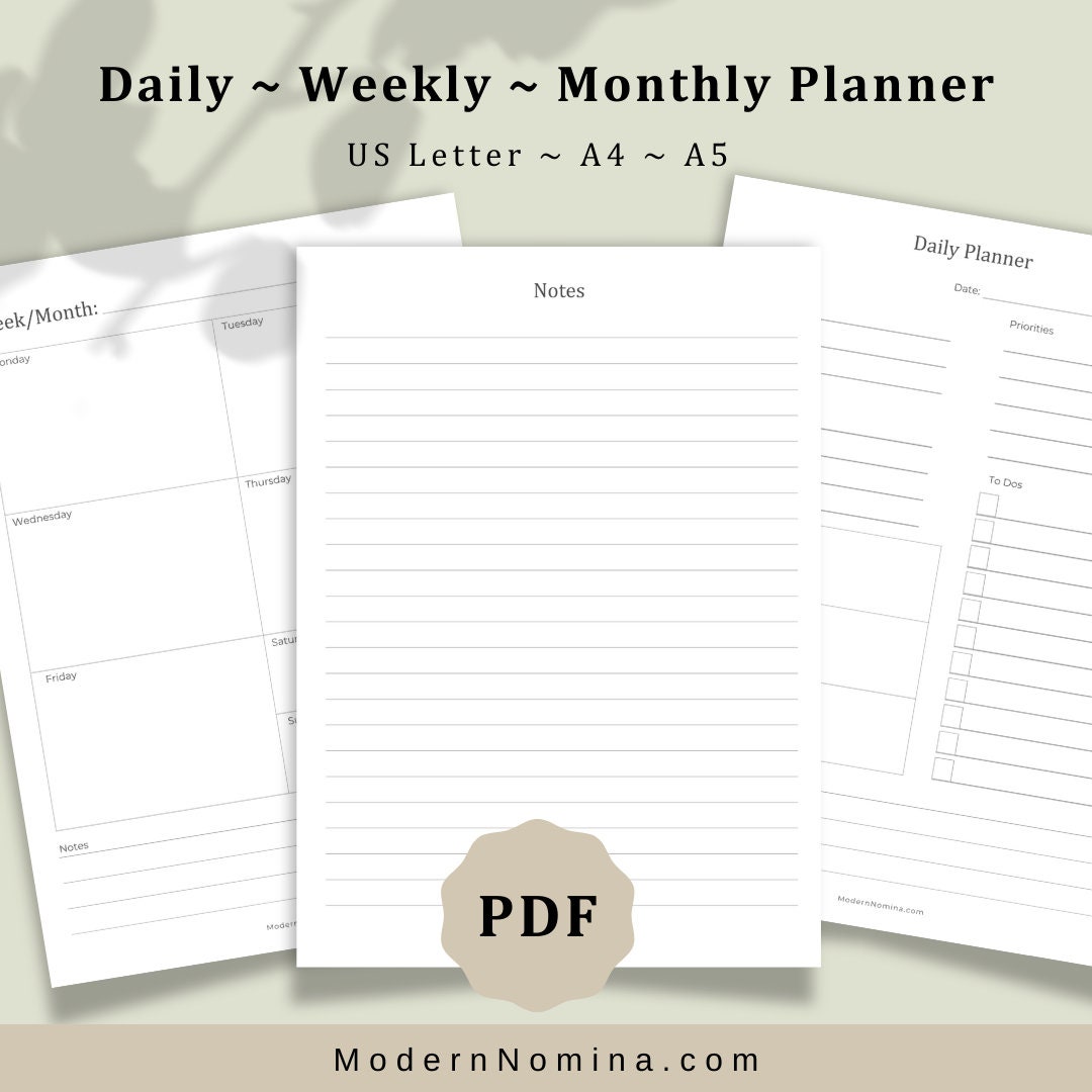 Daily Weekly Monthly Printable Planner Calendar Organize Productivity ...