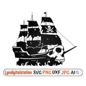 Ghost Ship Svg | Pirate Ship Clipart | Skull Ship Cut File | Skull Ship with Crossed Sword Stencil | Pirate Ship T-shirt Design | Dxf | Png