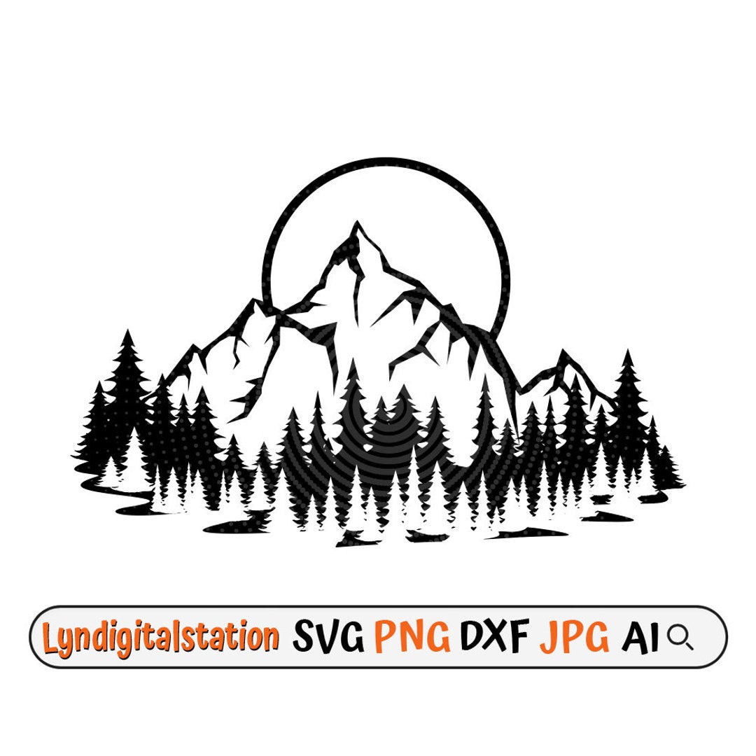 Mountain With Pine Trees Svg Mountain Scene Clipart Tress Cut File