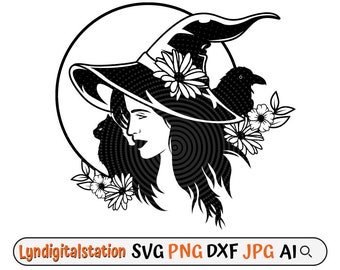 May include: Black and white illustration of a witch with a pointed hat, a raven, and flowers. The witch is surrounded by a circle with a swirling pattern.