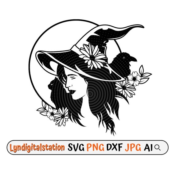 猫とカラスの魔女 SVG | 花柄の魔女の顔のクリップアート | 黒猫の
