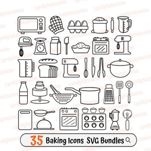 35 Baking Icons Bundles Svg | Baking Recipe Clipart | Baking Utensils Cut File | Baking Equipment Stencil | Baker T-shirt Design | Dxf | Png