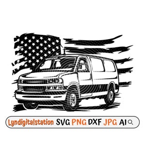 May include: Black and white illustration of a van in front of a distressed American flag. The van has a simple design and is facing the viewer. The flag is behind the van and is partially obscured by the van.