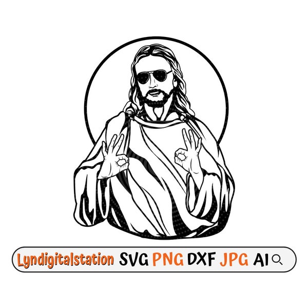 Cool Jesus Svg | Jesus with Ring Gesture Clipart | Son of God Cut File | Christ  Stencil | Jesus in Sunglasses T-shirt Design | OK Dxf | Png