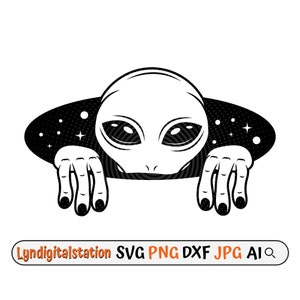 Peut inclure: Illustration en noir et blanc d'un extraterrestre gris qui sort d'un vaisseau spatial avec les mains tendues. Le vaisseau spatial est représenté comme un ovale noir avec des étoiles blanches et un motif en pointillés.