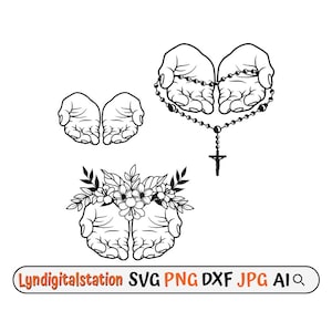 Open Hand with Rosary Svg | Praying Hands Clipart | Rosary Beads Cut File | Holy Rosary Stencil | Floral Hands T-shirt Design | Dxf | Png