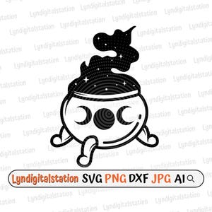 May include: Black and white illustration of a cauldron with a starry smoke effect. The cauldron has three crescent moon shapes and a central circle design. The text "Lyndigitalstation SVG PNG DXF JPG AI" is at the bottom.