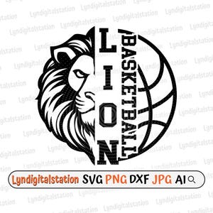 May include: Black and white graphic design featuring a lion's head and a basketball. The word "LION" is vertically aligned, with "BASKETBALL" curved around the ball. The image includes the text "Lyndigitalstation SVG PNG DXF JPG AI".