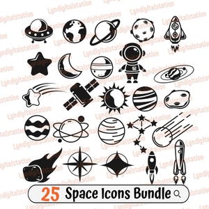 25 ensembles d'icônes spatiales Svg | Clipart céleste | Fichier coupé de la navette spatiale | Pochoir de vaisseau spatial | Design de t-shirt fusée | Espace extra-atmosphérique Dxf | png