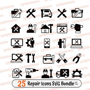25 paquetes de iconos de reparación SVG / Imágenes prediseñadas de plomería / Archivo de corte de herramientas / Plantilla de equipo de construcción / Diseño de camisa de servicios de plomería / Dxf / Png