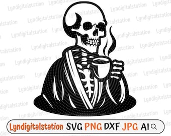 Skull Coffee Svg | Skeleton with Coffee Clipart | Coffee Shop Cut File | Dead Stencil | Coffee Skull T-shirt Design | Hot Coffee Dxf | Png