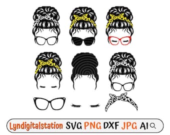 Messy Bun Svg | Momlife Clipart | Messy Hair Cut File | Mom Bun with Sunglasses Stencil | Hairstyle shirt Design | Lashes Dxf | Hair Bun Png
