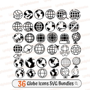 36 Globe Icons Bundle SVG | Welt Reise Clipart | Earth Cut Datei | Weltkarte Schablone | Geographie Tshirt Motiv | Planet Dxf | Gitternetz Png