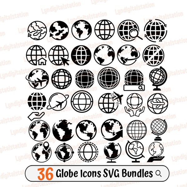 36 Globe Icons Bundle Svg | World Travel Clipart | Earth Cut File | World Map Stencil | Geography Tshirt Design | Planet Dxf | Grid Line Png